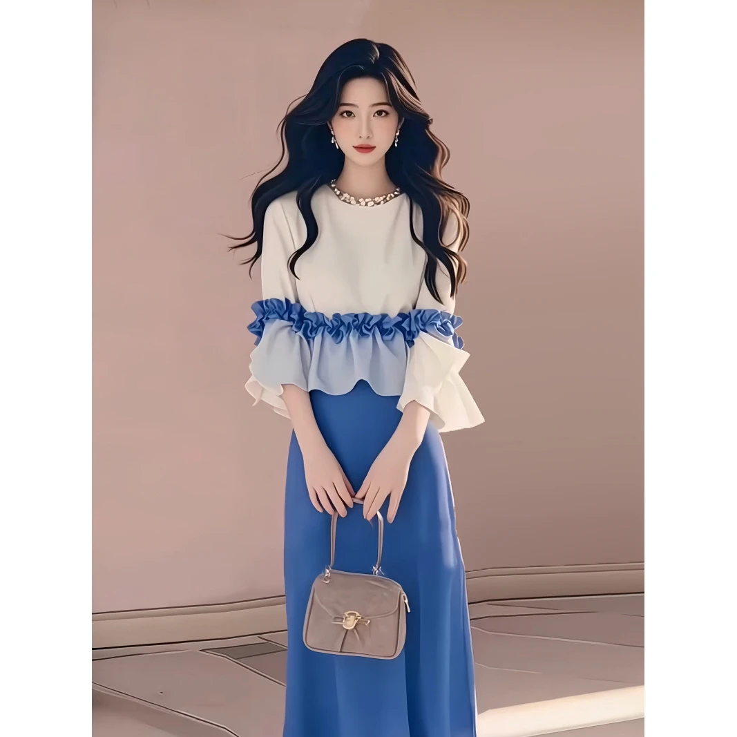 法式时尚减龄套装裙女2025春季新款小香风荷叶边上衣休闲百搭时尚