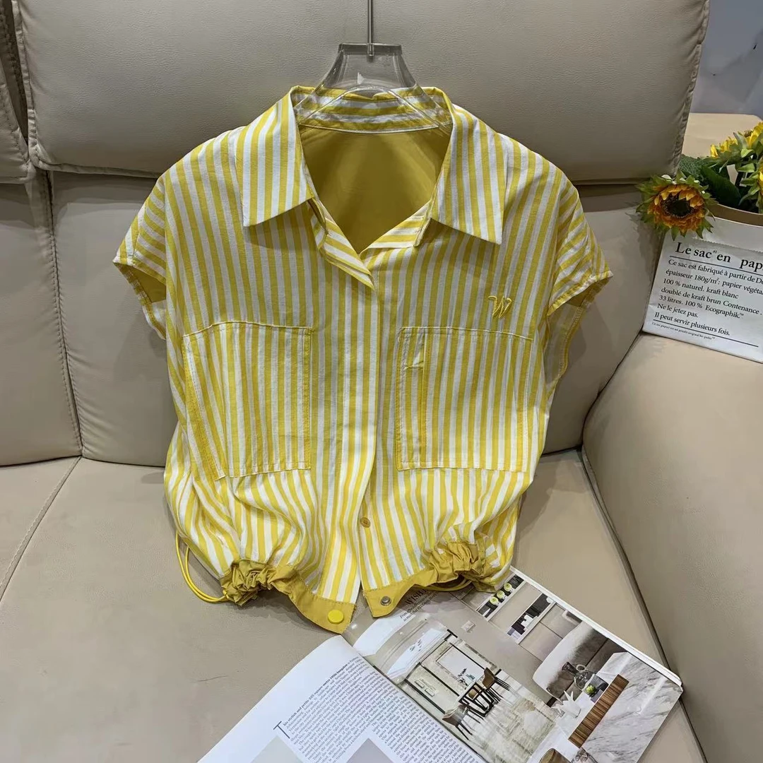 Manmi 刺绣标撞色条纹拼接小飞袖衬衫 5695（C3↑）