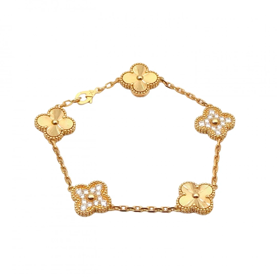 99新 梵克雅宝 【双双】 中号五花手链 镭射 18K黄金/钻石 S-M码