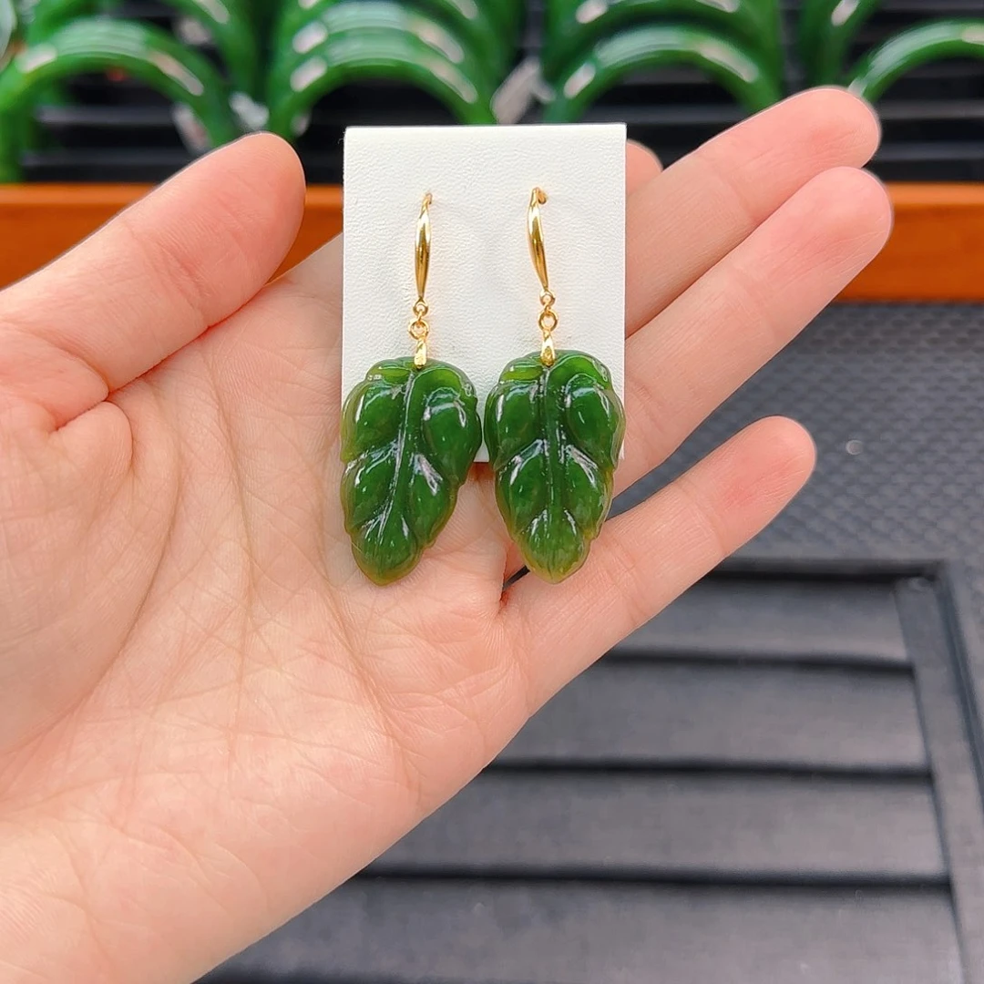 银S925镶嵌和田玉耳饰碧玉大叶子卡30