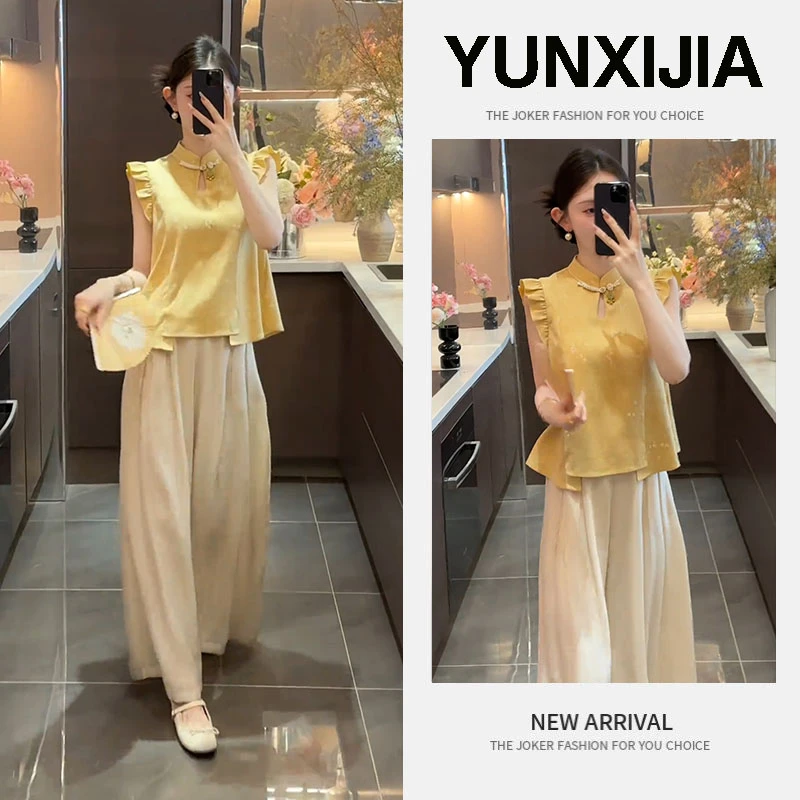 今年夏天超火穿搭女2025新款爆款复古港风泡泡袖上衣阔腿裤两件套