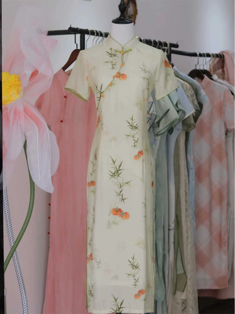 W-2980 柿季长青 丝嘛 新中式国风夏款年轻款改良旗袍115cm长款