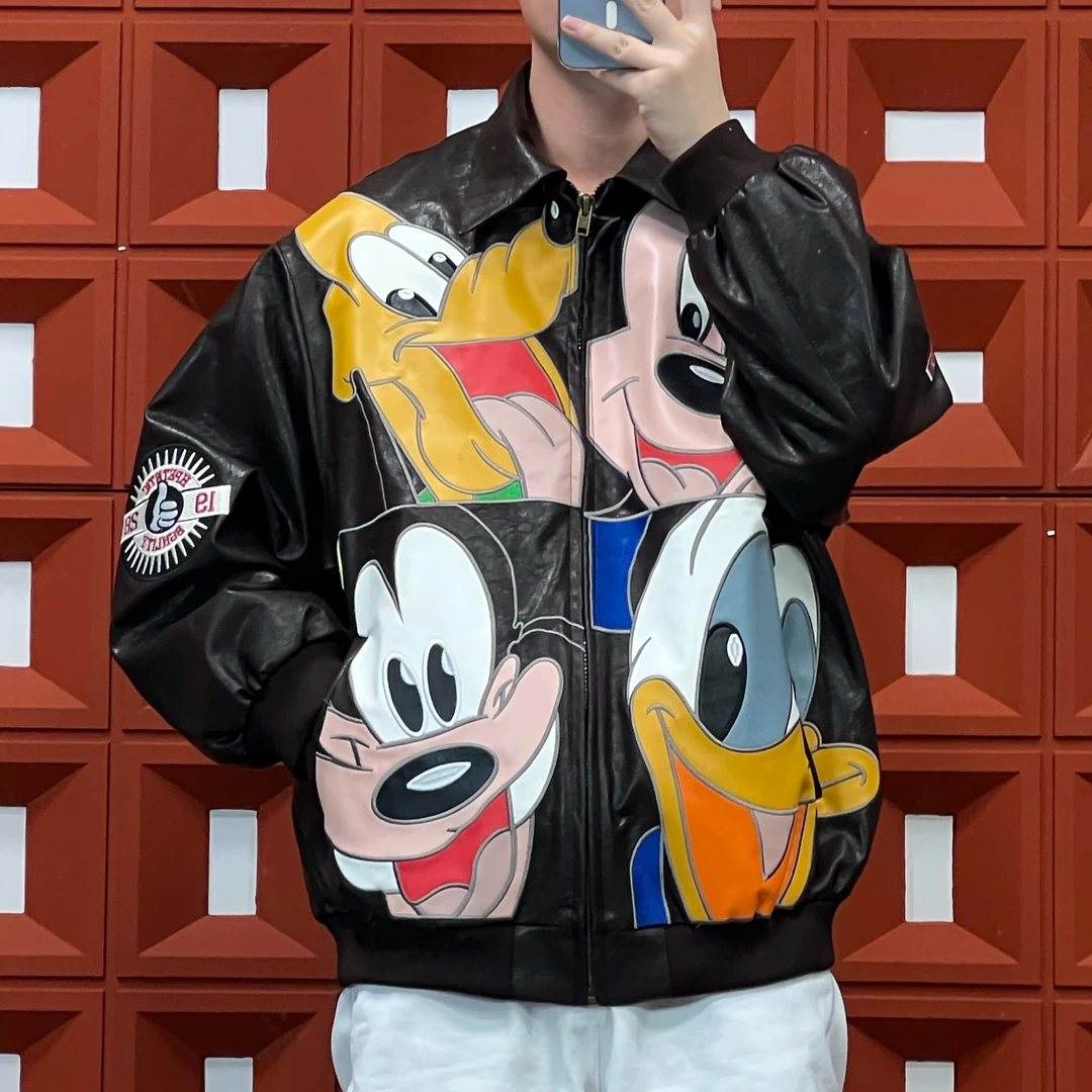 2024HKNB冬季国潮潮流卡通动漫PU皮全刺绣高品质重磅情侣棉衣夹克