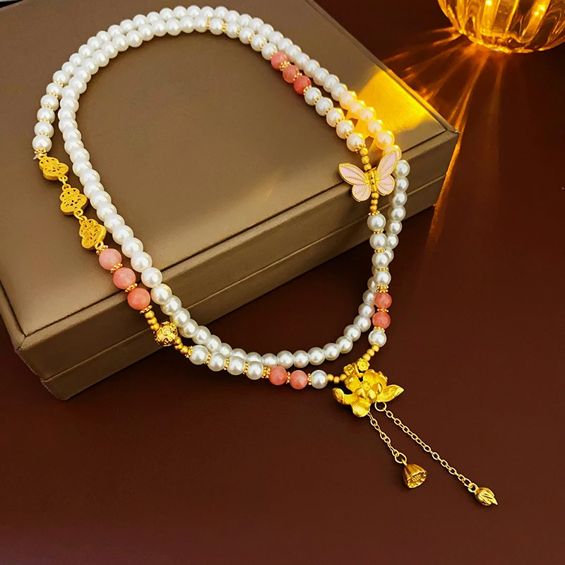 铜合金项链 莲花蝴蝶葫芦项链新中式仿珍珠流苏毛衣链百搭国潮