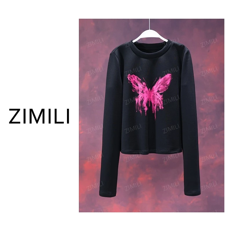 【亮哥女装】2025秋冬新品《玫粉蝶影》午夜黑蝴蝶印花打底衫1889