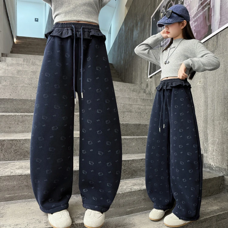 女童加绒休闲裤2025新款中大童百搭宽松时尚韩系加厚裤子卡通碎花
