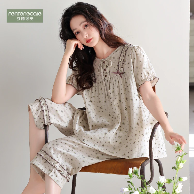 芬腾可安睡衣女夏季纯棉短袖七分裤套装2025年新款中年妈妈家居服