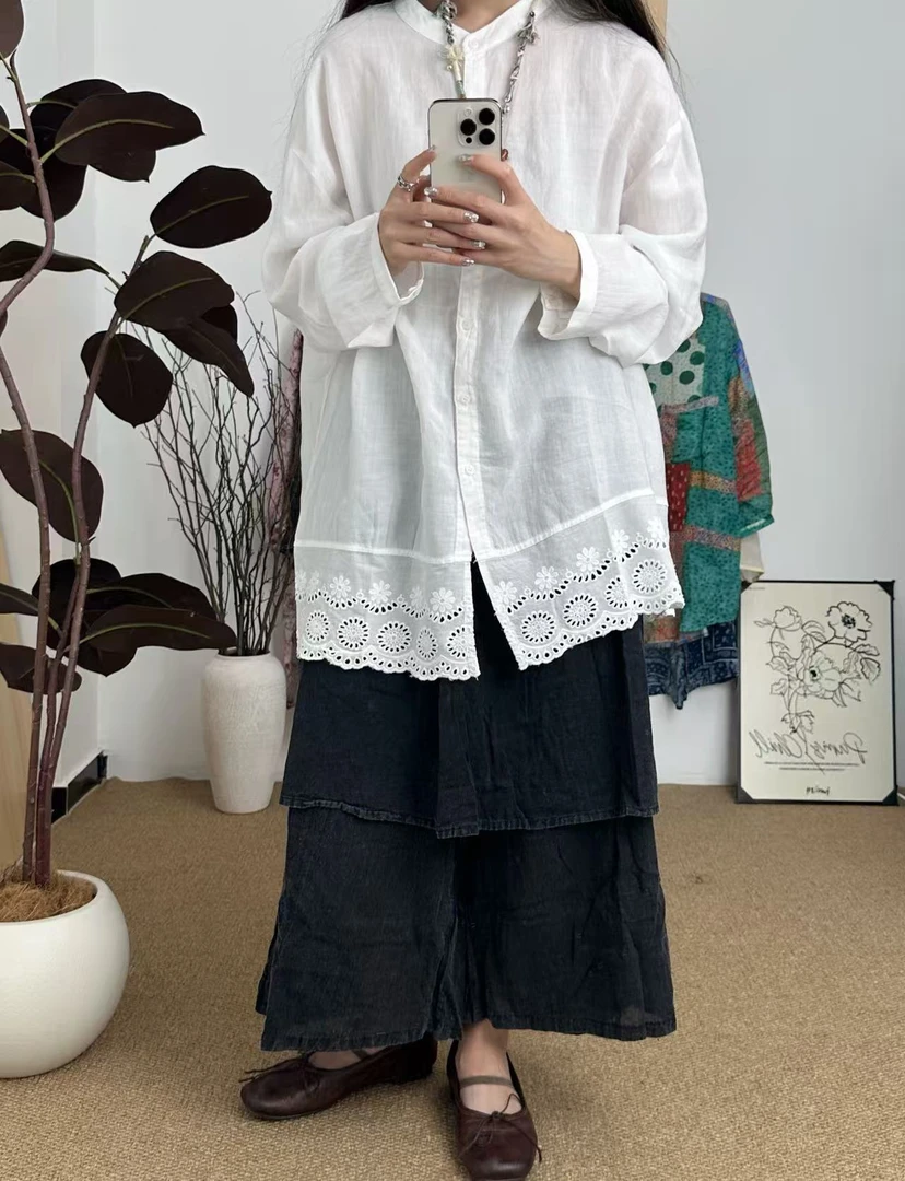 MM萌萌白色亚麻拼蕾丝底边可穿180衬衣