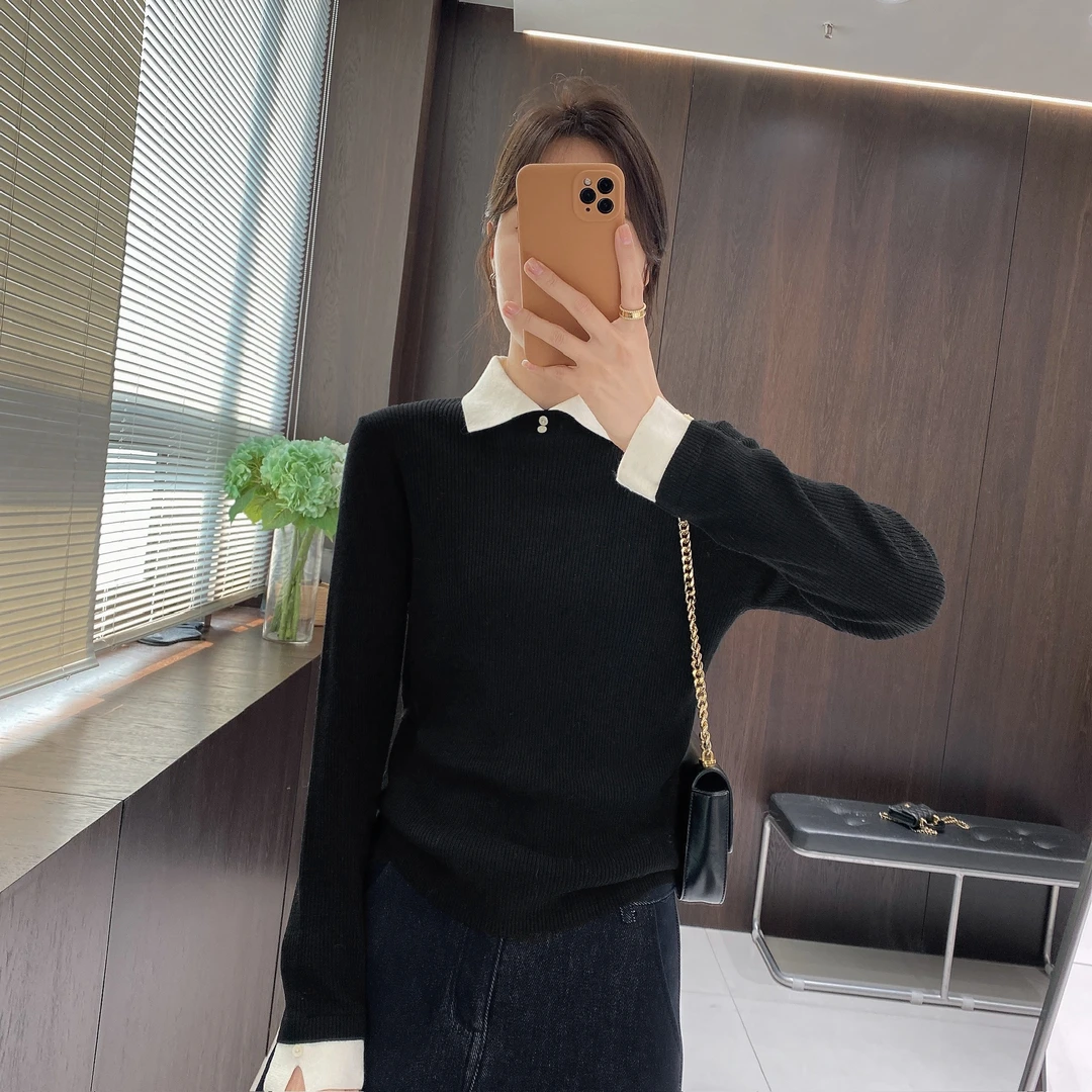 IMFLY金小金自制女装 针织衫DYW9995韩系撞色翻领套头针织上衣