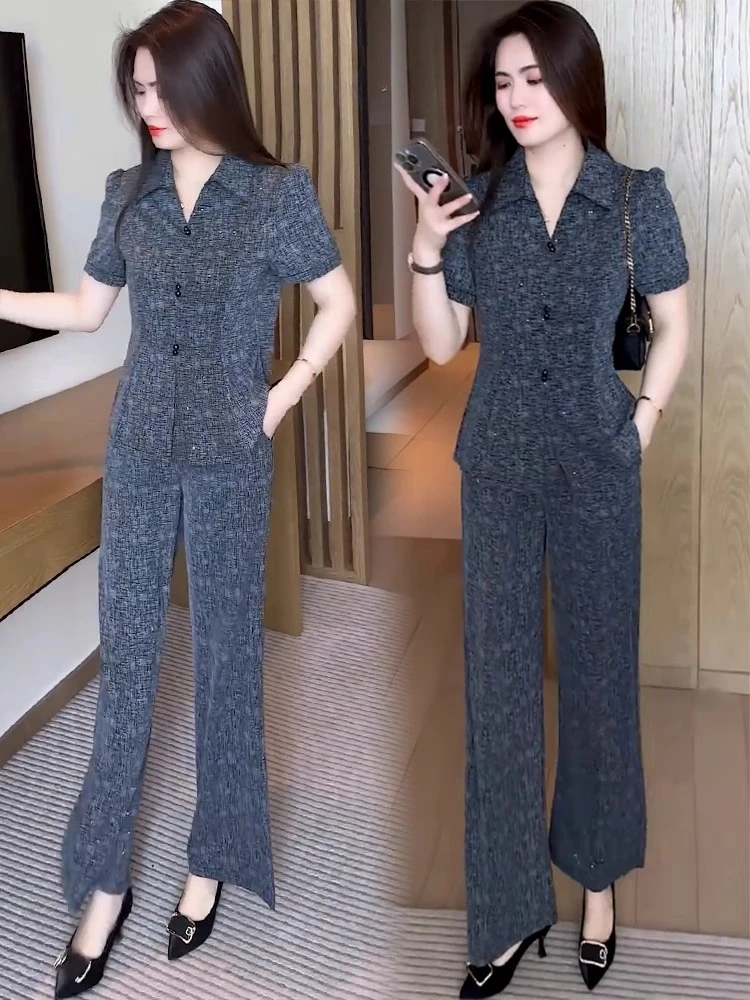 时尚套装女2025夏季新款洋气显瘦V领短袖上衣阔腿裤减龄两件套潮