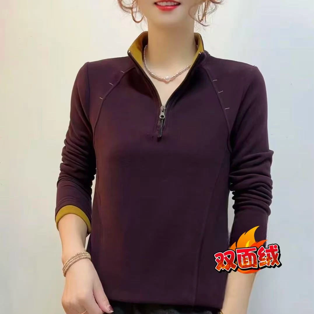 秋冬新款女士上衣立领拉链气质显瘦双面绒保暖长袖打底小衫T恤