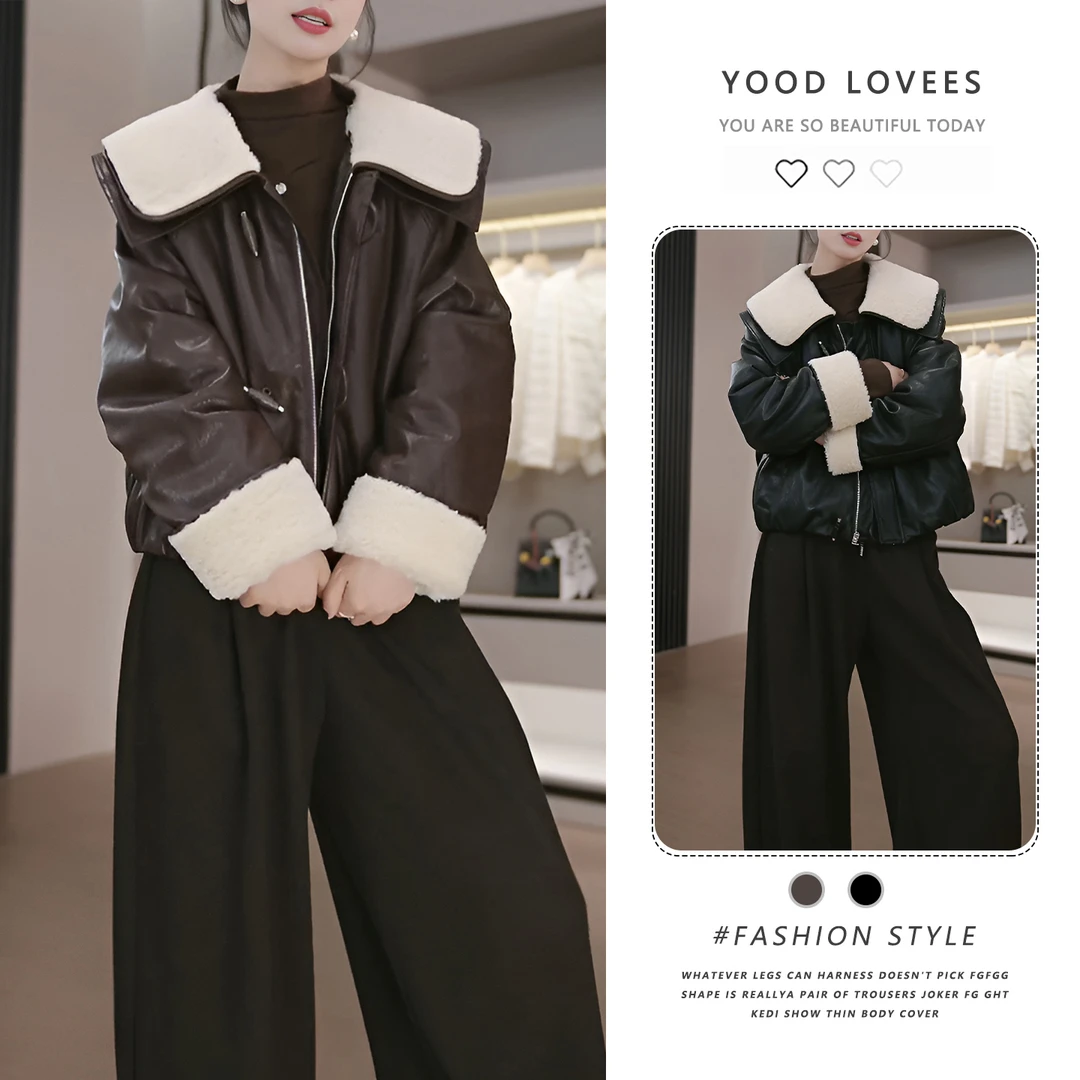 美拉德pu皮毛毛翻领短外套女秋冬新款小个子气质休闲保暖皮毛一体