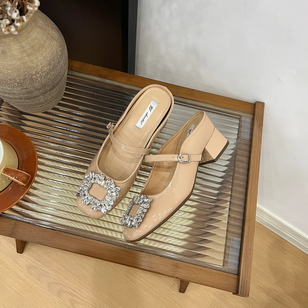 玛丽珍时尚春秋漆皮内方头包头拖水钻气质中跟上班内单鞋女