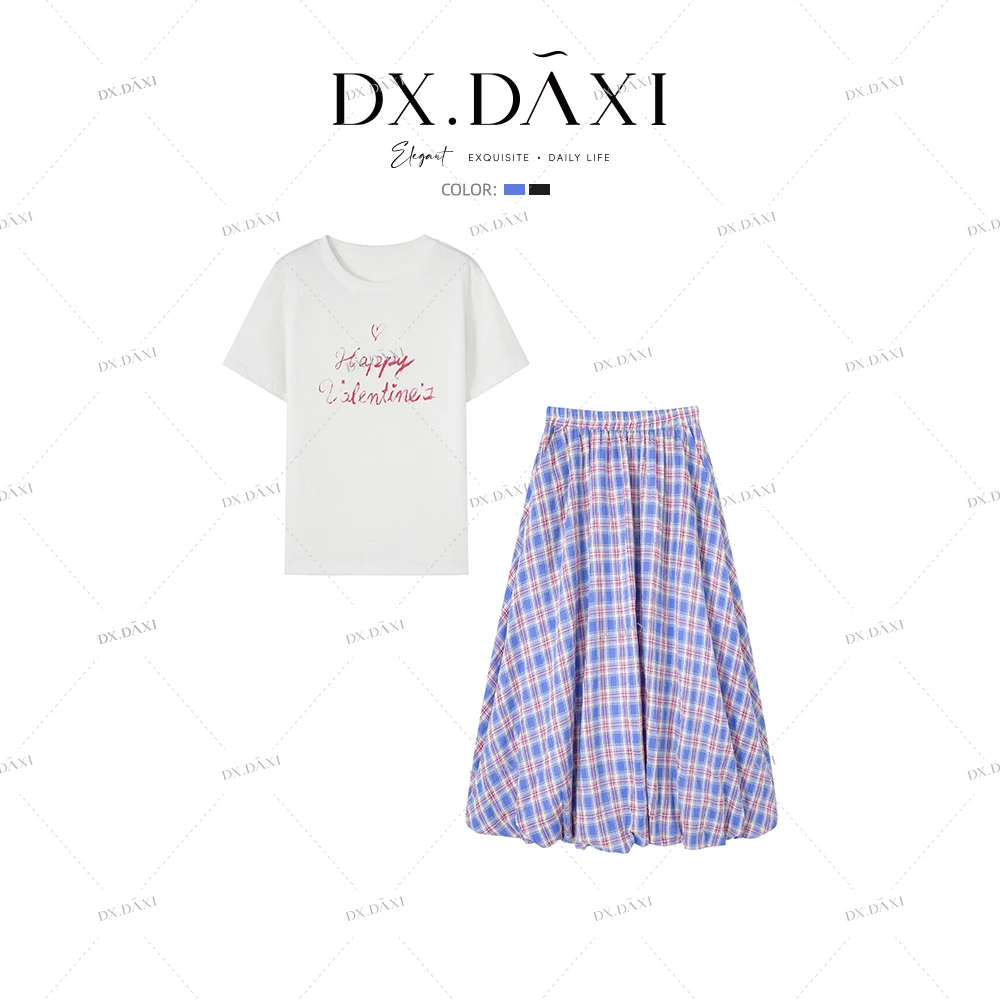 DX.DAXI【海盐夏日】夏季新款印花字母T恤短袖+格子半身裙女