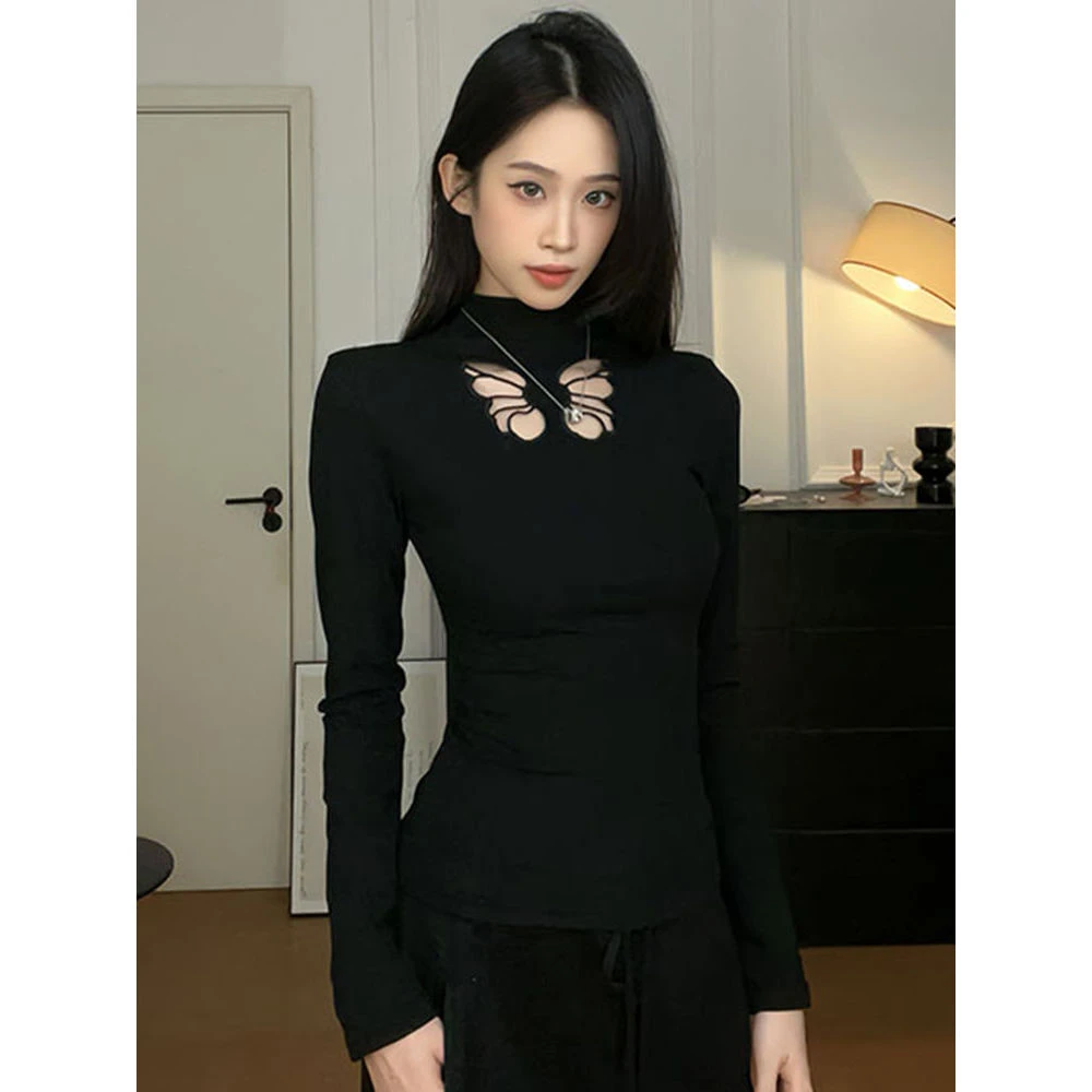 蝴蝶镂空半高领内搭打底衫女秋冬长袖t恤女2024新款修身辣妹上衣