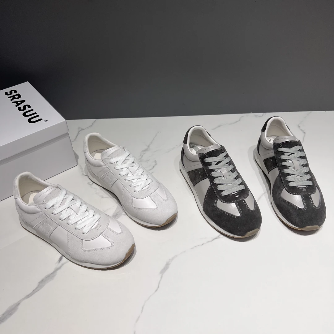 欧货高定真皮女鞋2025春款百搭厚底拼色系带休闲运动鞋德训鞋