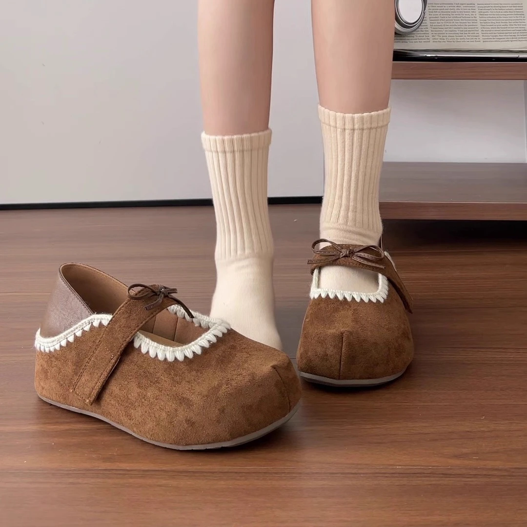 羊皮版~2025新款法式圆头魔术贴蝴蝶结内增高浅口气质玛丽珍鞋女