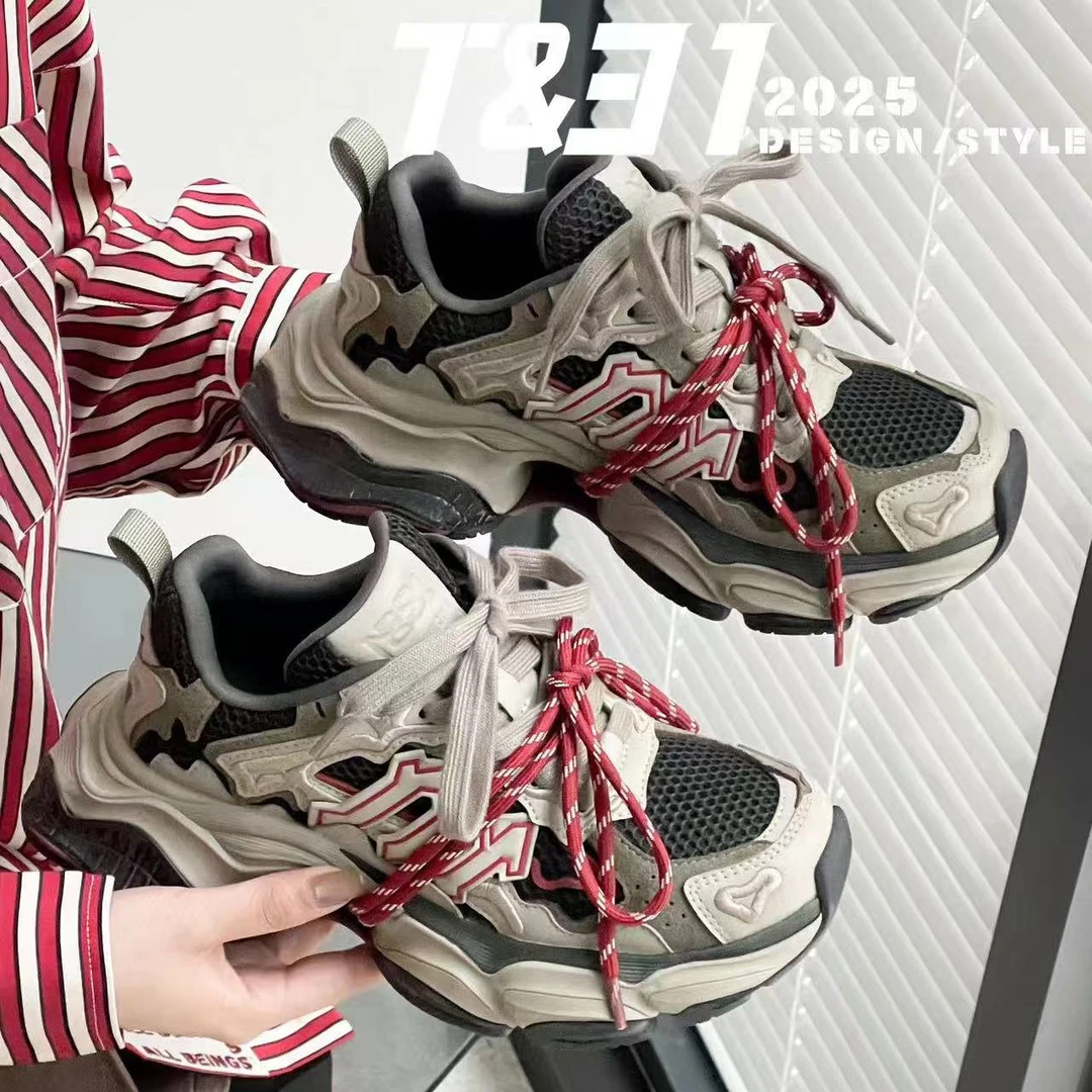 T31女鞋2025秋双鞋带休闲厚底老爹鞋百搭气垫运动鞋轻便舒适板鞋