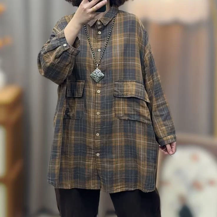 双纱棉衬衫文艺格子长袖秋季格纹时尚女装上衣宽松型衬衫领