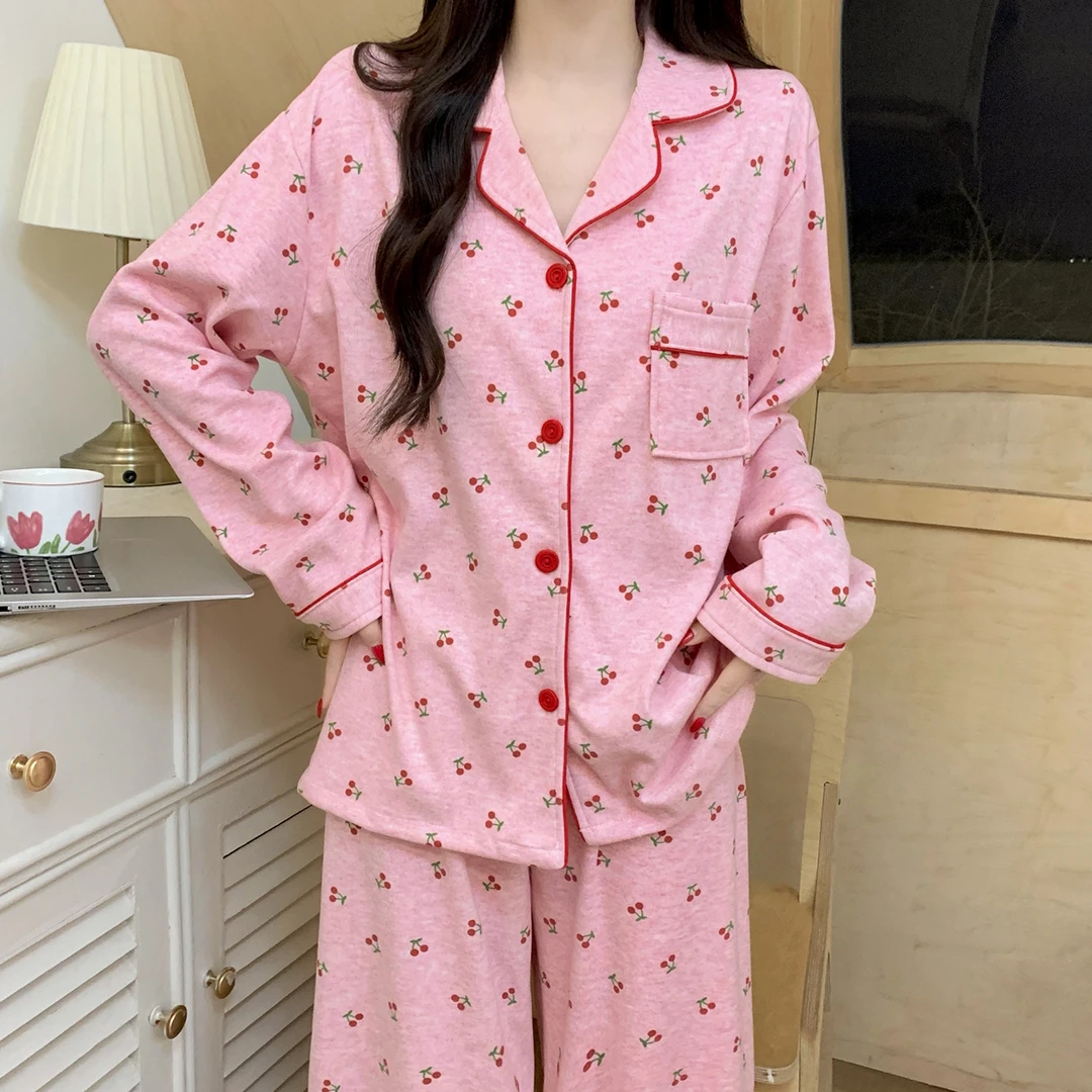 睡衣女款春秋冬季保暖高级感加厚翻领粉色樱桃德绒日系家居服套装