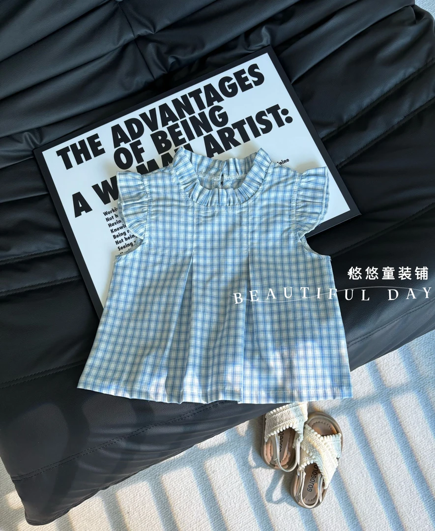 甜美公主女童2025花边袖时尚花边格子宝宝裙韩版可爱洋气花边裙