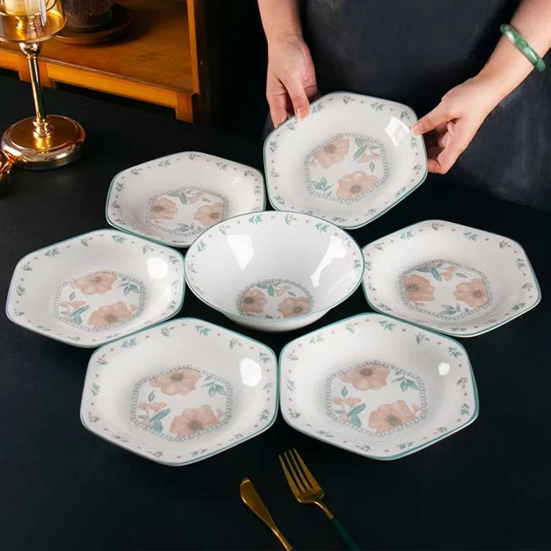 【釉下彩】夏沫六角盘+汤碗+汤勺8件套陶瓷做不到完美无瑕介意勿拍