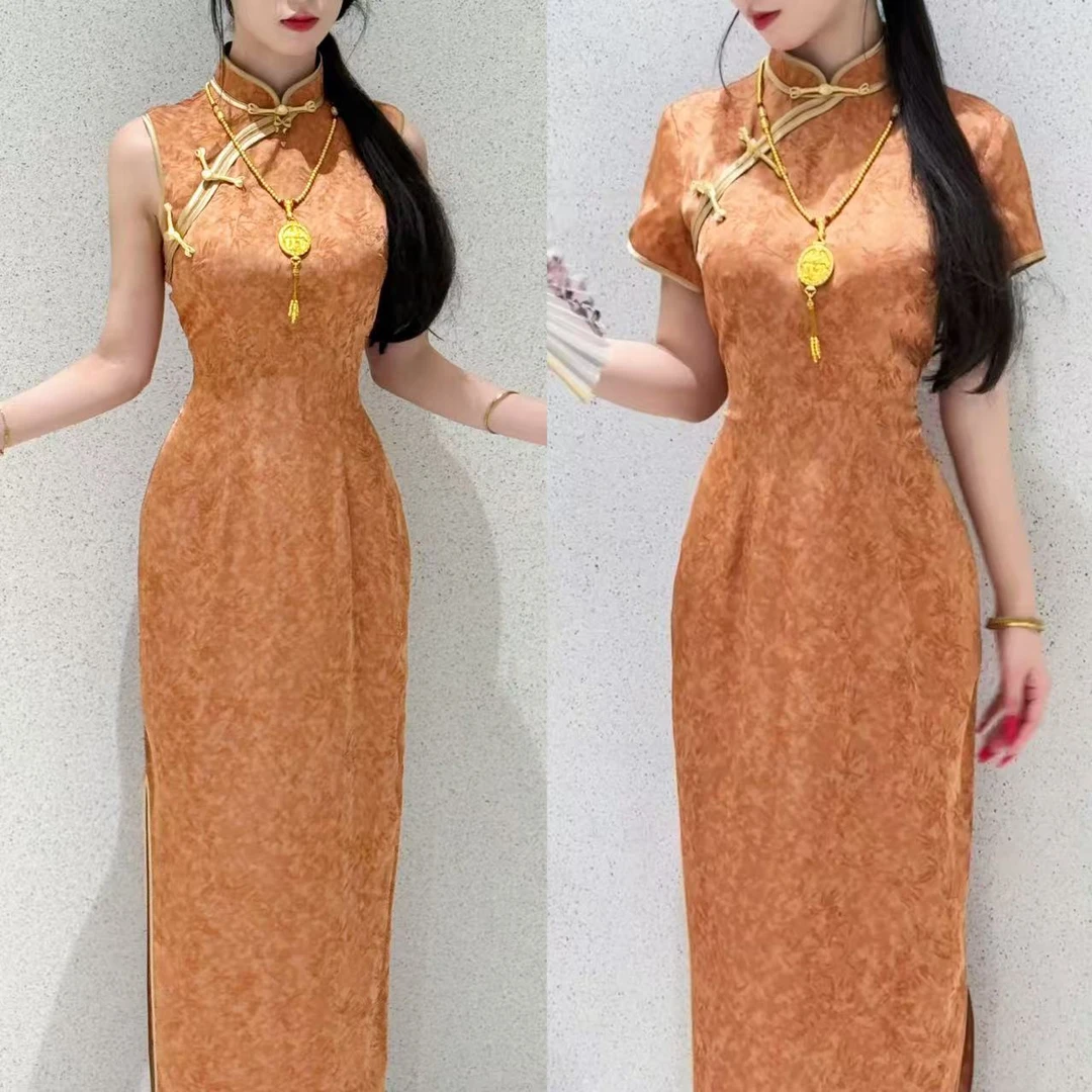 LHMknk1画报夫人原创自制纯色夏季改良新中式显瘦旗袍 玉竹橘叶