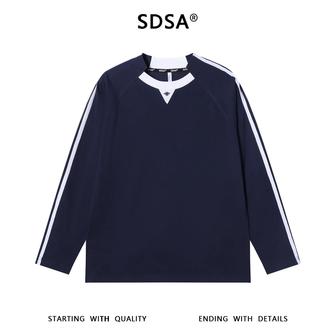 SDSA男士秋冬新款痞帅男装拼色蜜蜂刺绣长袖T恤不规则领口百搭潮