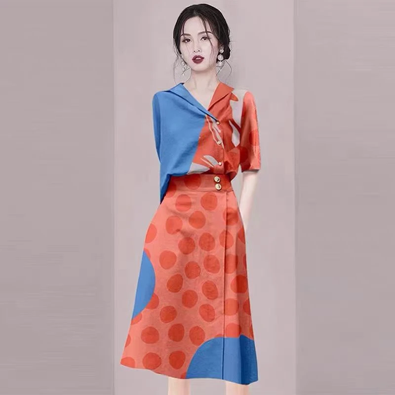 休闲时尚套装女2025新款春夏印花衬衣A字半裙两件套洋气