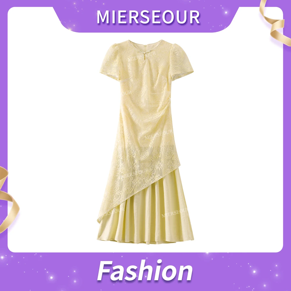 【杏雨梨花】新中式设计蕾丝拼接修身连衣裙5267