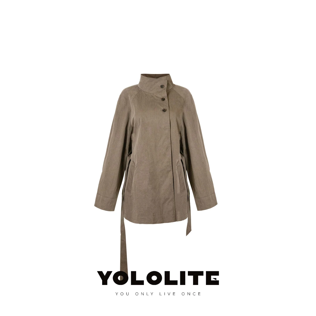 YOLOLITE【自定义】2556夏季宽松系带显腰立领棉锦纶短款风衣外套