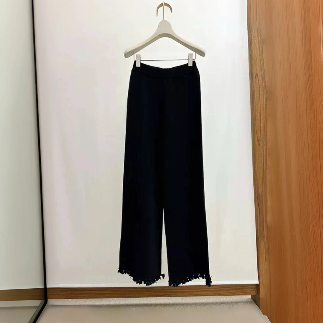 黑色气质直筒裤针织休闲风秋冬无弹休闲裤九分裤微喇