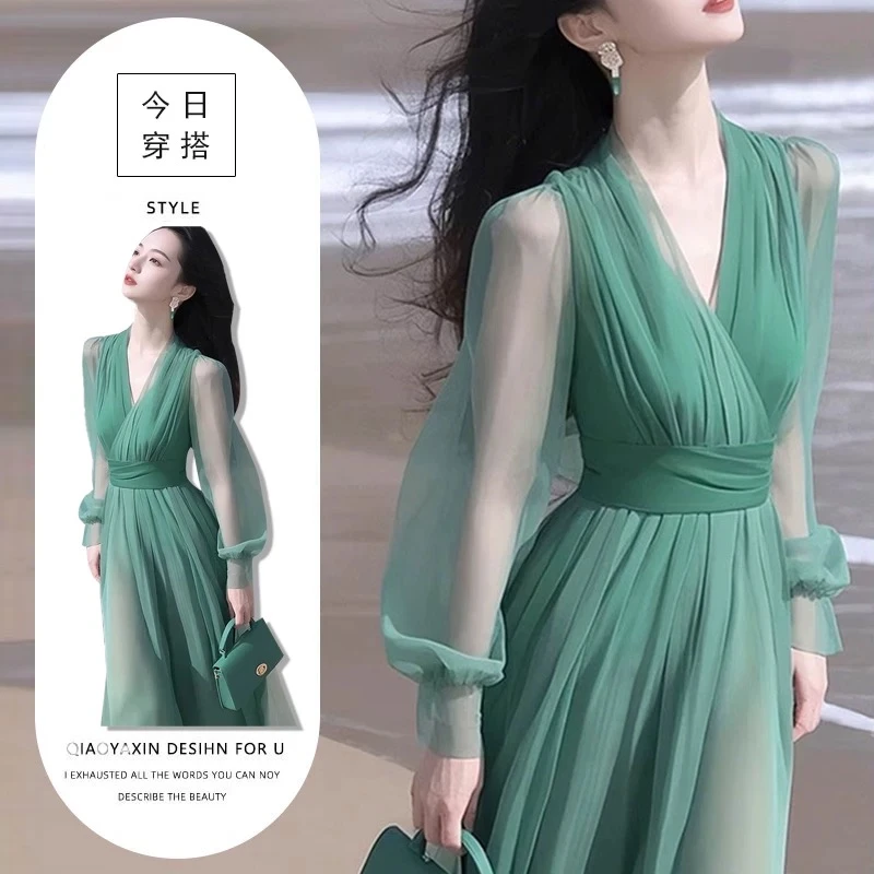 开春气质穿搭高端精致轻奢高级感御姐风情万种绿色女神雪纺连衣裙