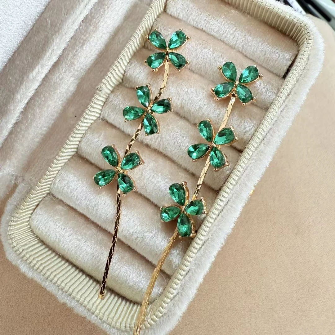 铜合金锆石耳饰 296 绿色四叶草流苏耳环
