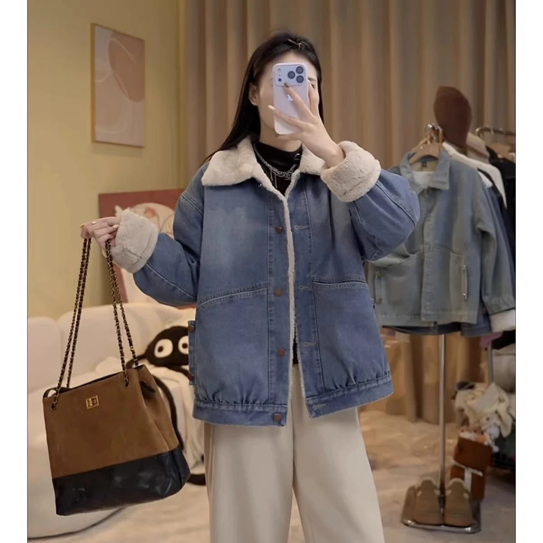 加绒加厚单排扣保暖长袖短外套女秋冬季时尚休闲复古韩版牛仔棉衣