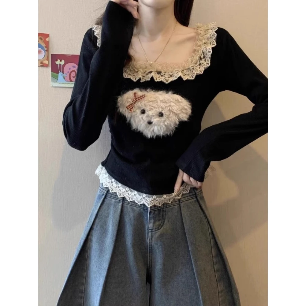 【现货】芭蕾风花边奶油小狗方领T恤女秋冬甜辣风修身显瘦打底上衣