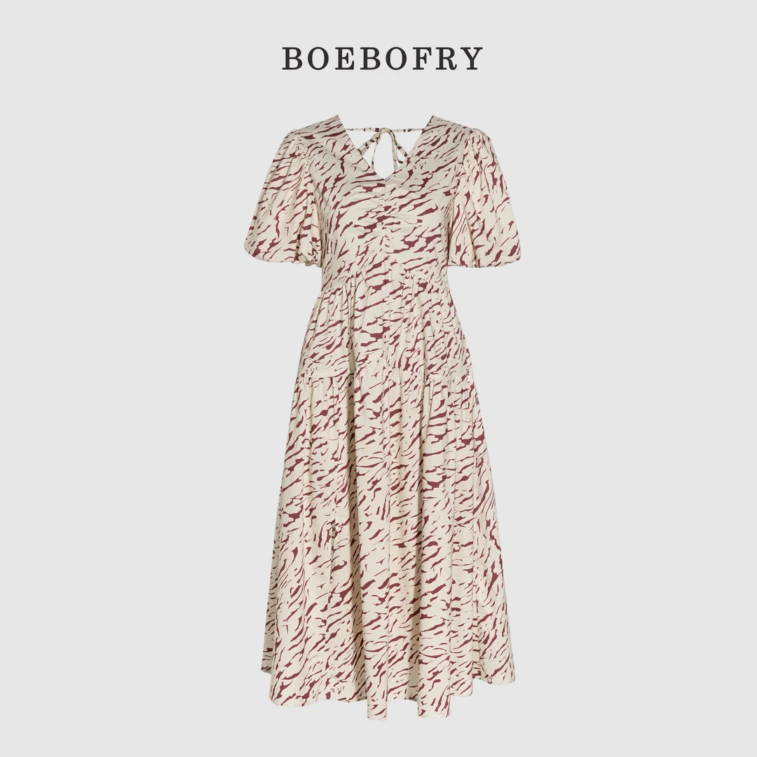 BOEBOFRY《酒红斑马纹》100%棉夏季气质显瘦插肩袖连衣裙BE2L0689