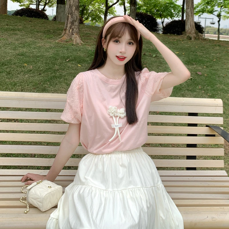 甜美修身短袖针织T恤女2024夏季新款显瘦设计感时尚小众上衣