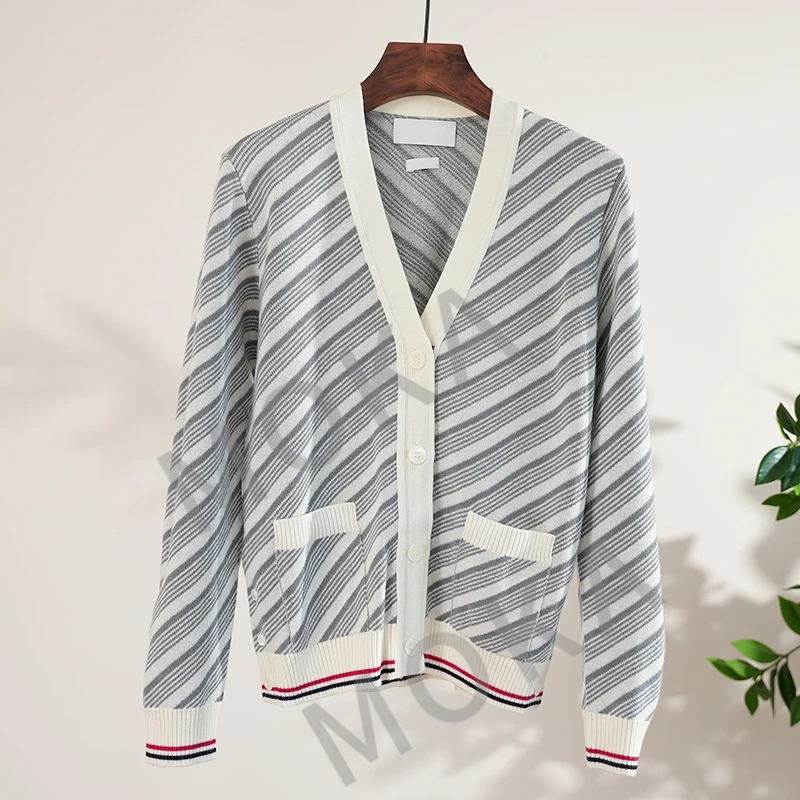 欧货TB斜条纹100%羊毛开衫针织衫女士毛衣（241303）2607