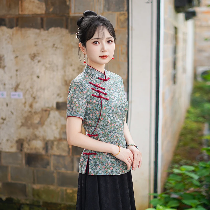筠雅夏季新款经典新中式国风上衣民国复古改良唐装短袖女装25J162