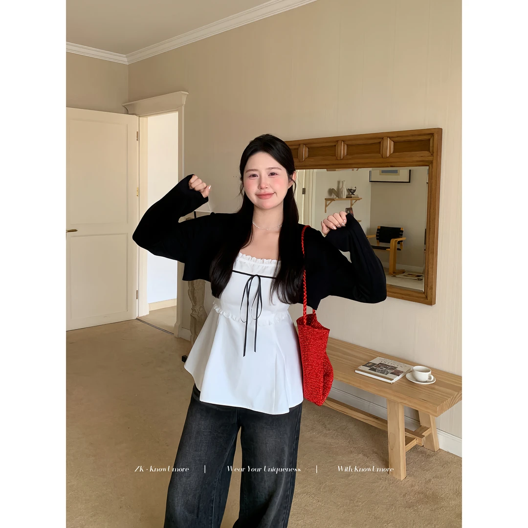 知葵微胖定制【柏林街头】早秋韩系吊带+毛针织衫套装12253MZS0280