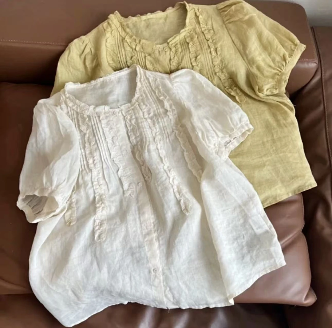 法式圆领木耳边短袖衬衫女夏季新款减龄百搭小衫513