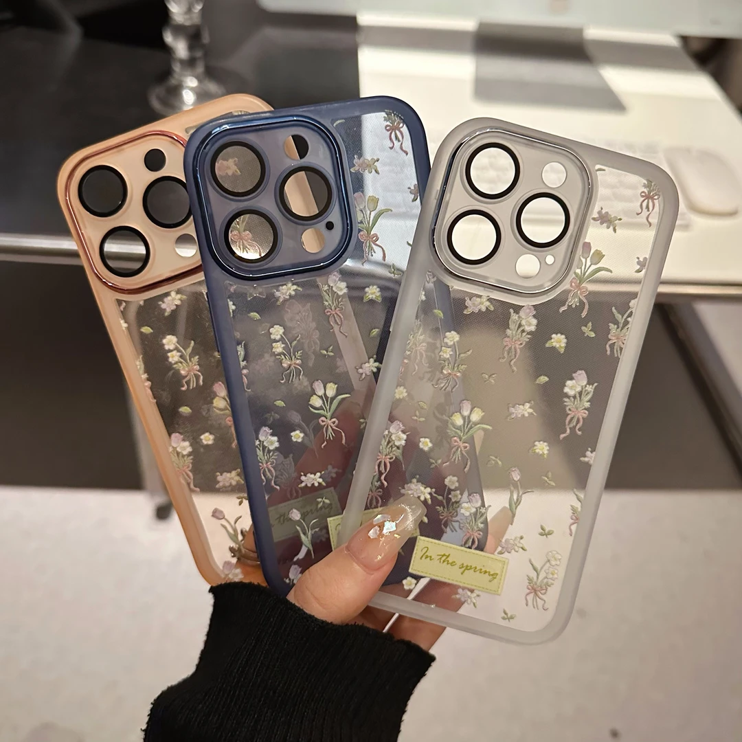 适用苹果16pro金属镜框手机壳华为p新款mate70创意郁金香花束小米