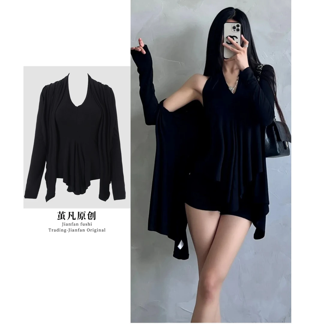 大码微胖纯欲套装 新款两件套显瘦绑带收腰开衫外套背心性感套装