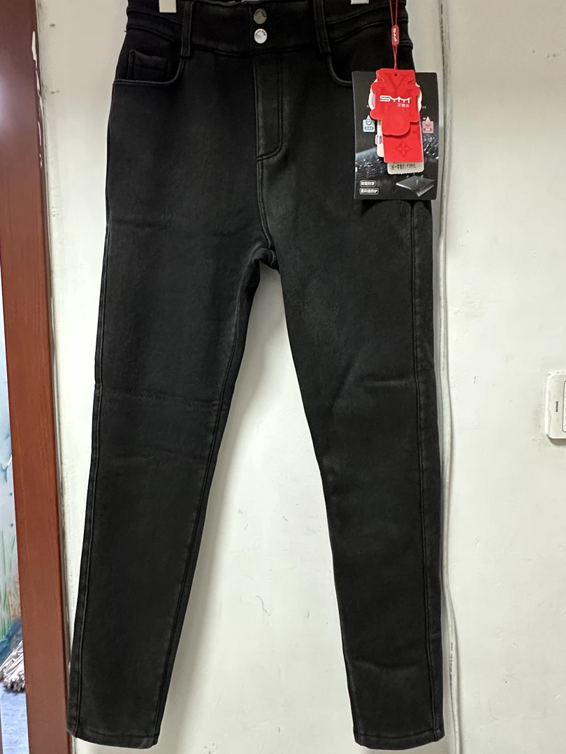 女保暖秋冬暖裤冬季做旧长裤加绒黑色印染高腰牛仔裤小脚休闲裤