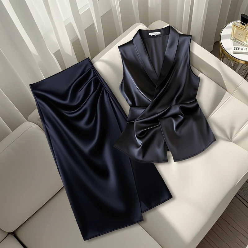 2025夏季新款法式气质名媛独特漂亮V领上衣时尚高腰半身裙两件套