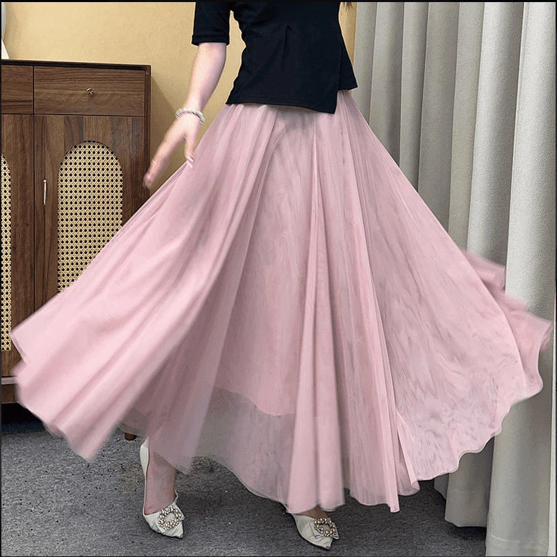 新款9527网纱半身裙女720度大摆A字裙纱裙舞蹈裙子黑色白色裙