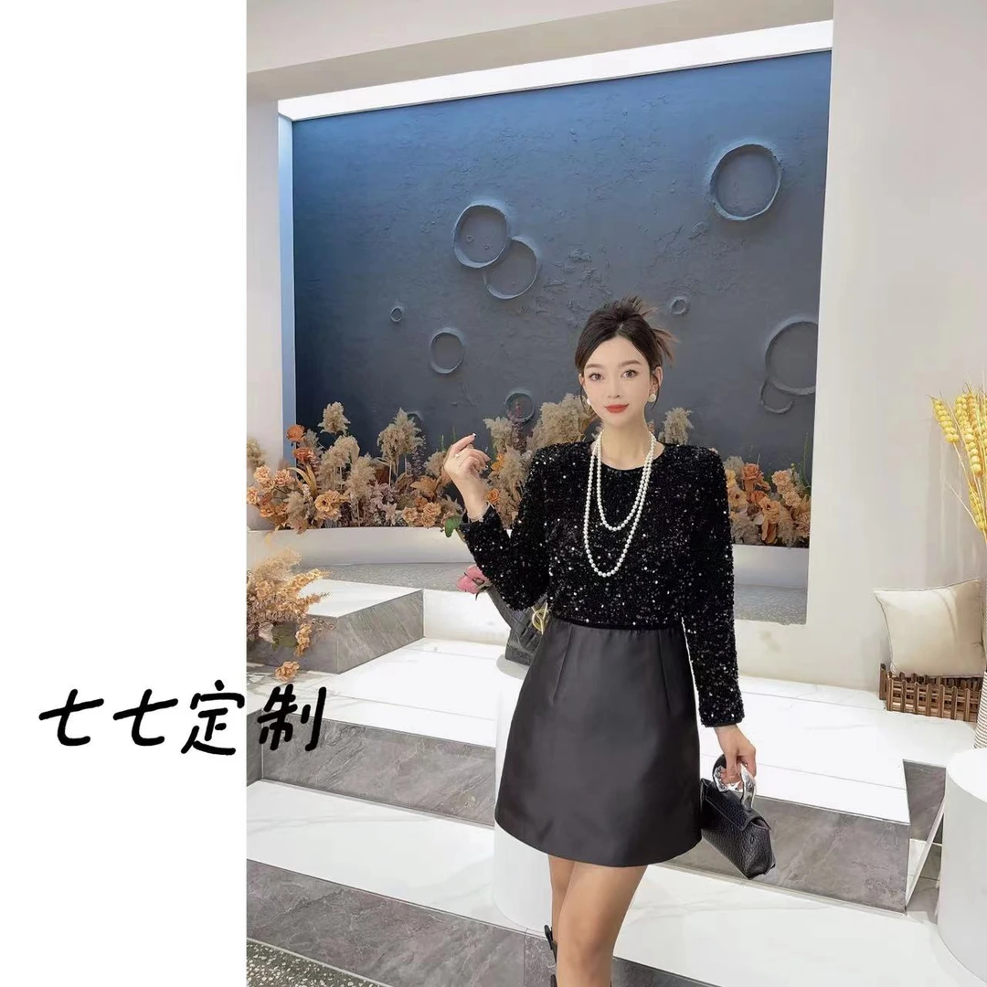 高级感精致法式拼接重工亮片连衣裙3187#