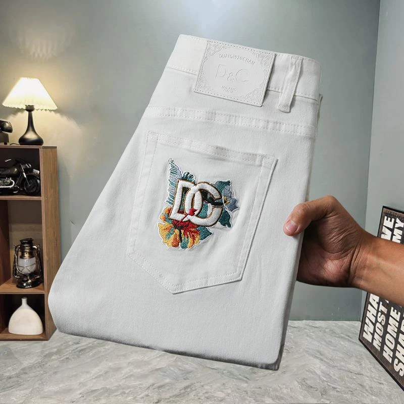 佩托本那纯白色高端刺绣牛仔裤新款痞帅春秋款弹力修身小脚裤长裤