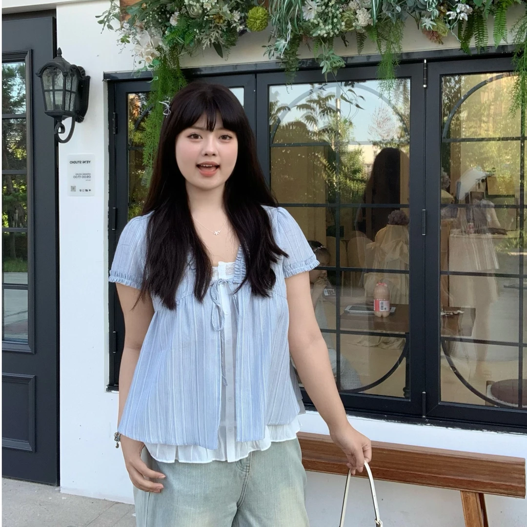 大码女装木耳边假两件衬衫新款胖mm超好看上衣小衫25DS88015